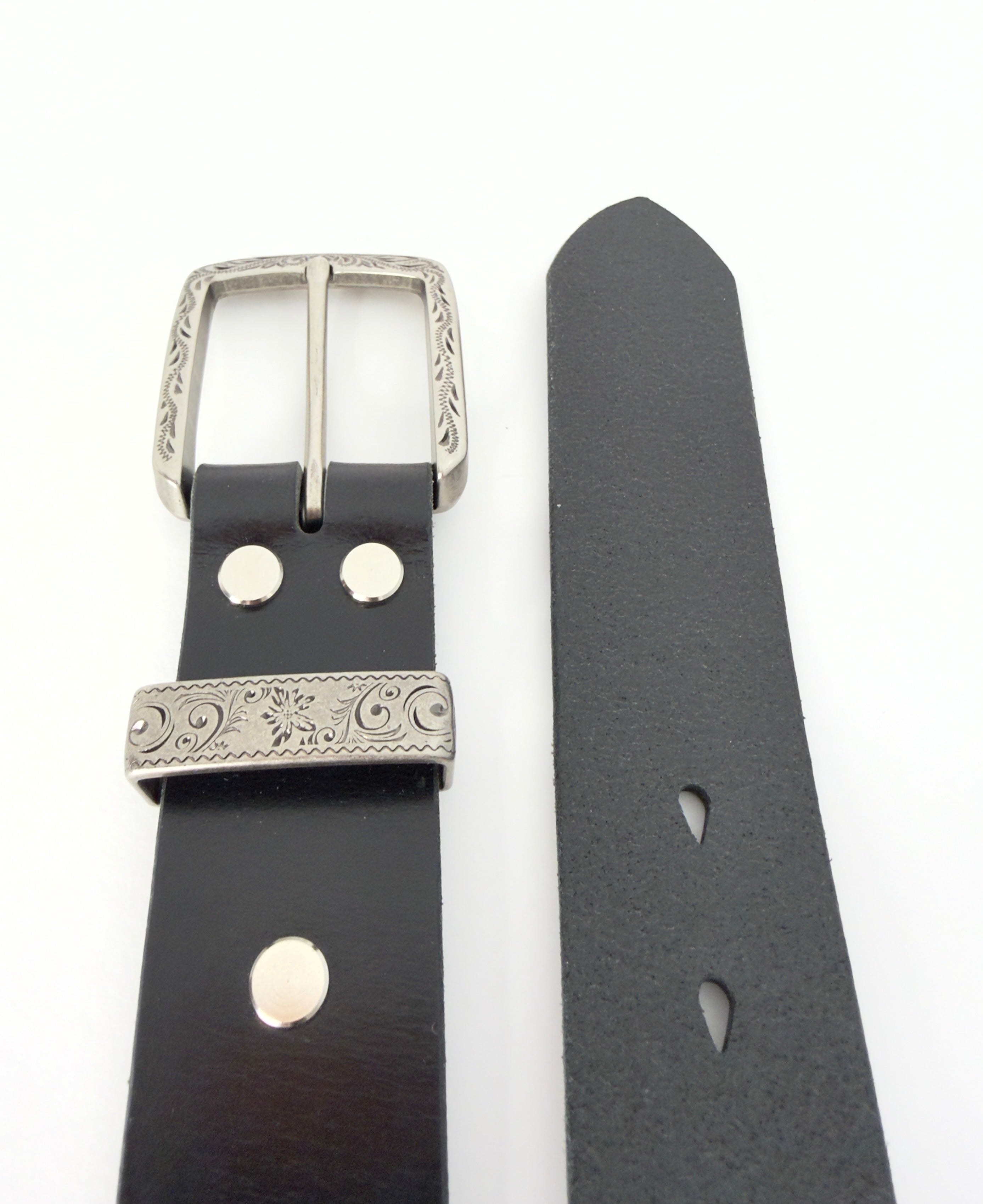 Black leather belt with silver buckle on a white background