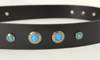 Black belt with silver and turquoise conchos on a white background