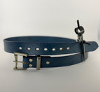 Blue leather belt with metal buckle on a white background