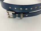 Blue leather belt with silver buckle on a white background