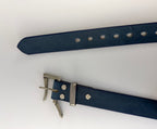 Blue leather belt with silver buckle on a white background