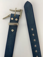 Blue leather strap with silver buckle on a white background