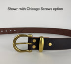 Close up picture of a brass buckle and keeper on a brown leather belt. There's a caption that says "Shown with Chicago Screws option" at the top of the screen.