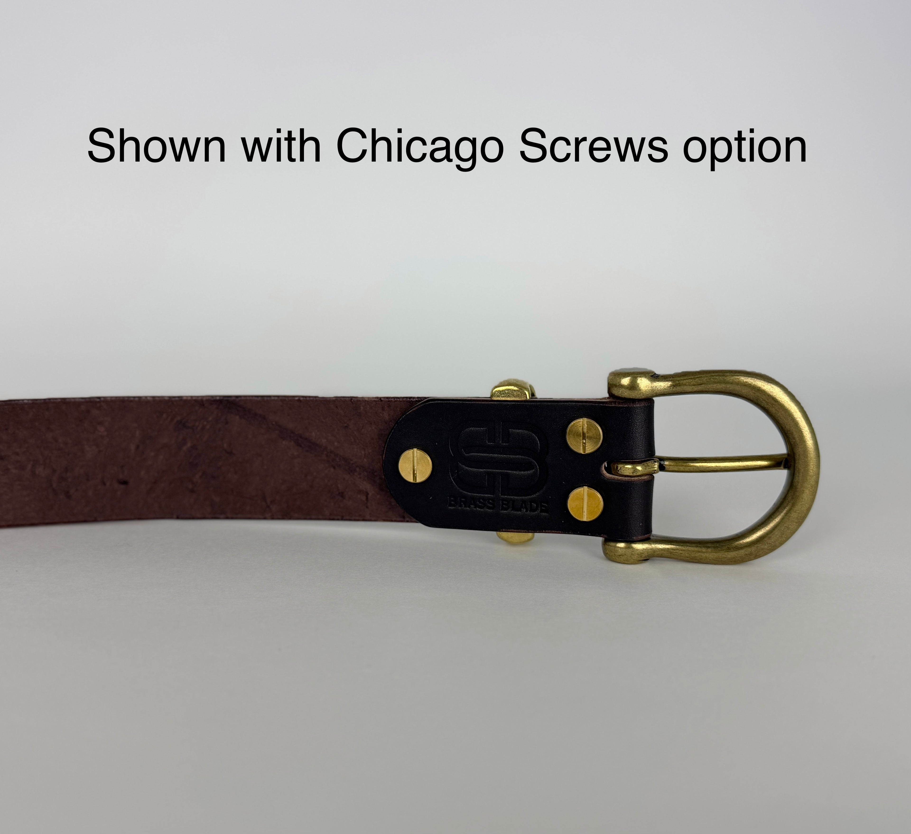Close up picture of the back of a brown leather belt showing a brass buckle and keeper secured with Chicago screws. There's a caption that says "Shown with Chicago Screws option" at the top of the screen.