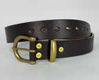 Picture of a brown leather belt with a close up of brass buckle, keeper and rivets.