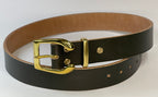 Dark green leather belt with a gold buckle on a white background