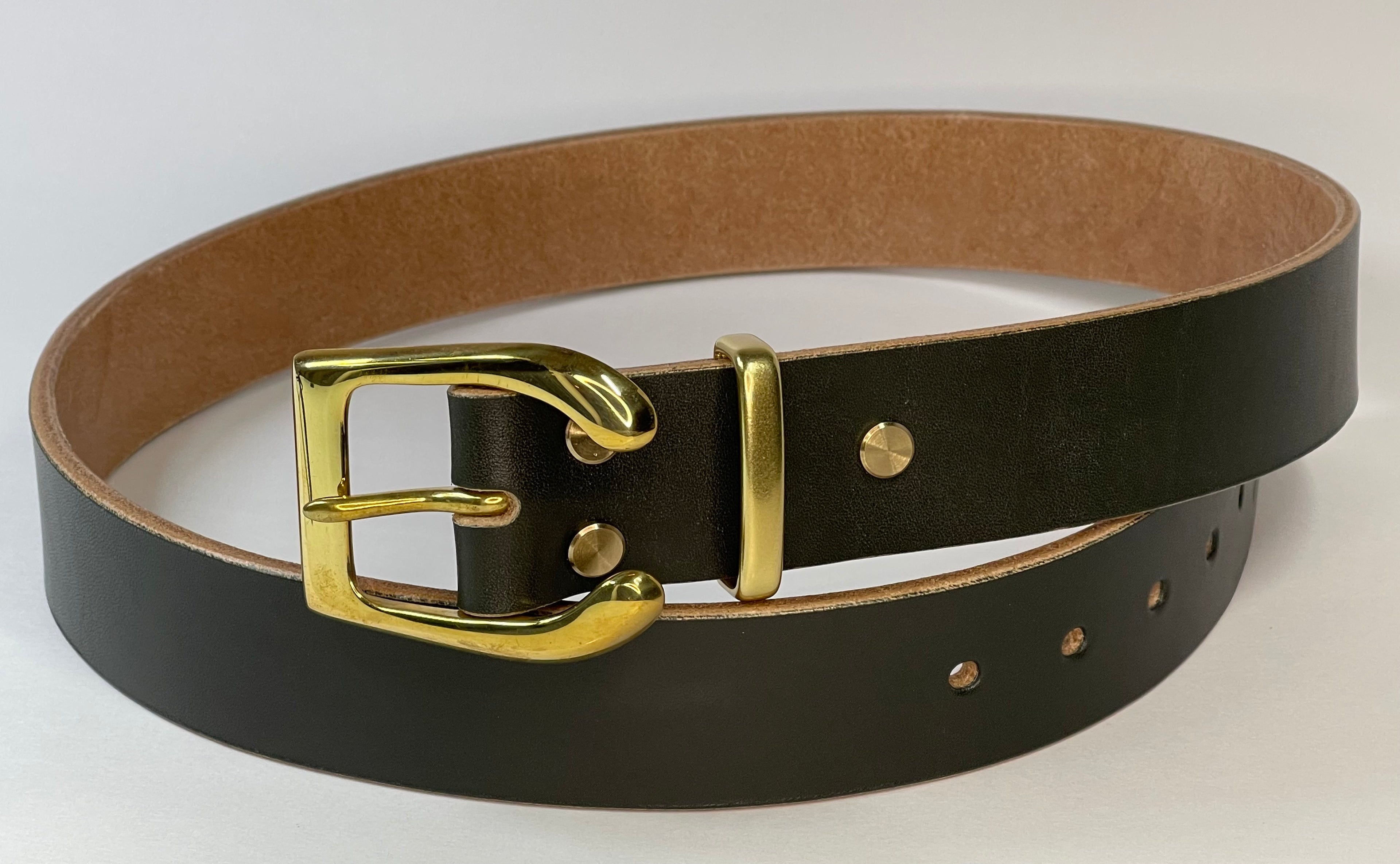 Dark green leather belt with a gold buckle on a white background