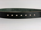 A green leather belt with seven evenly spaced belt holes, shown against a plain light gray background.
