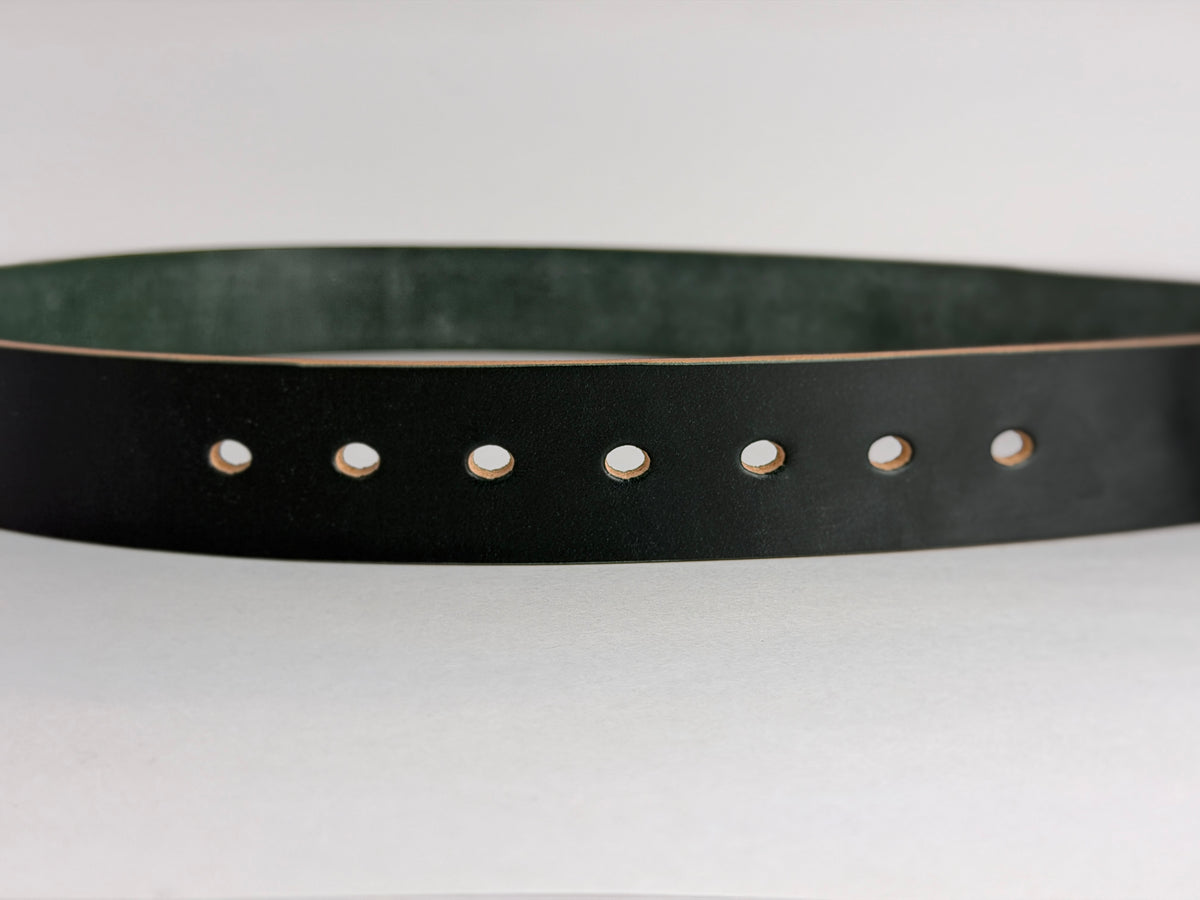 A green leather belt with seven evenly spaced belt holes, shown against a plain light gray background.