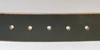 Dark green leather belt with gold buckle on a light gray background