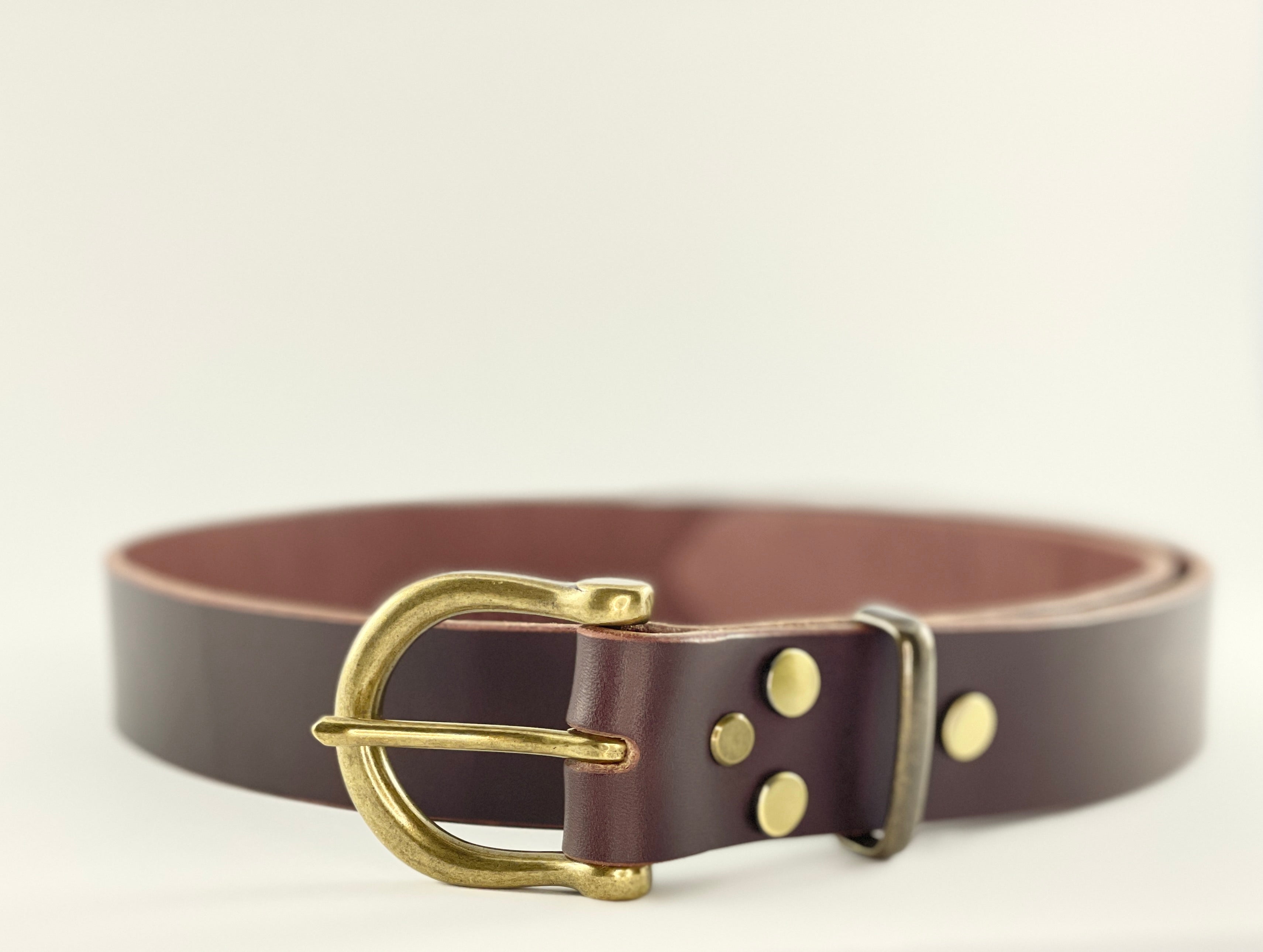 Brown leather belt with brass buckle and studs on a light beige background