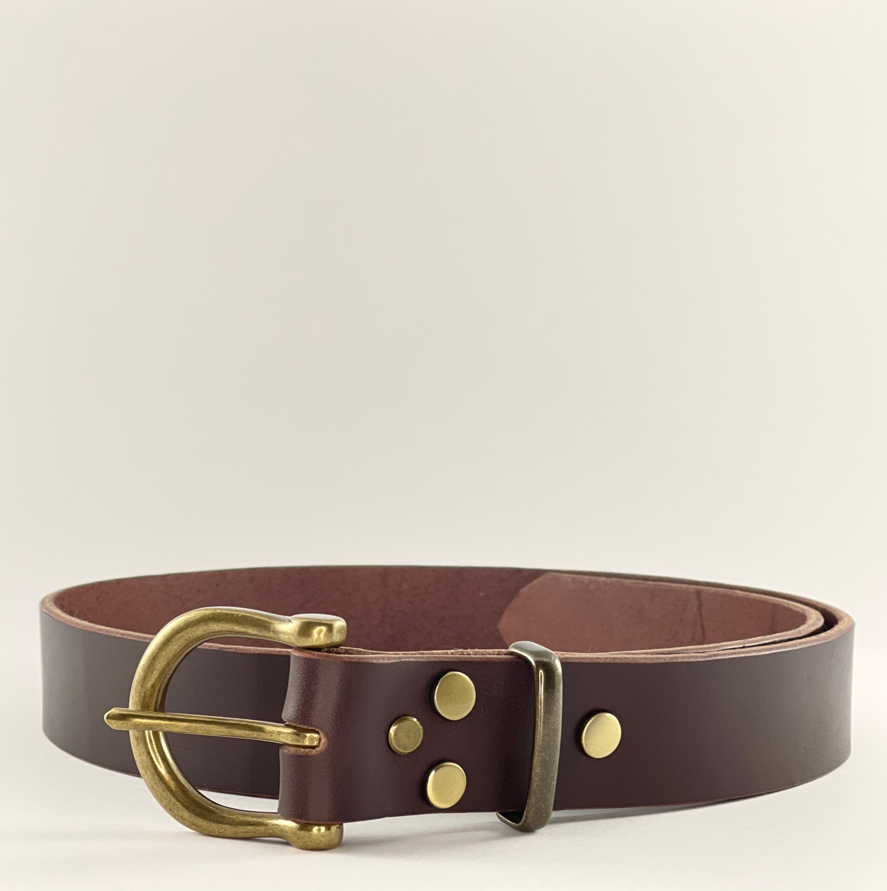 Brown leather belt with brass buckle and studs on a light gray background