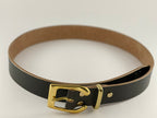 Dark green belt with a gold buckle on a light gray background