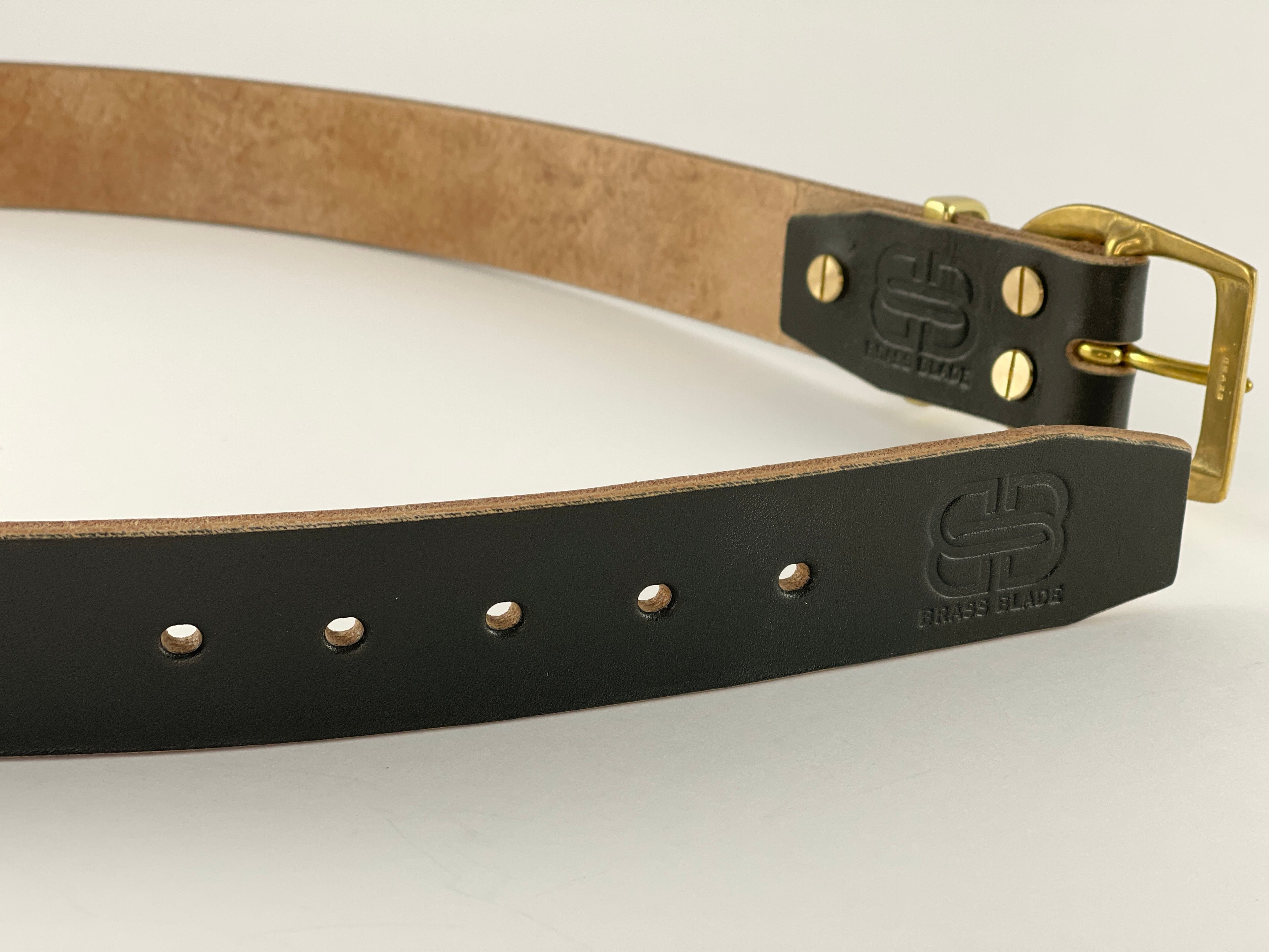 Dark green leather belt with gold buckle on a white background