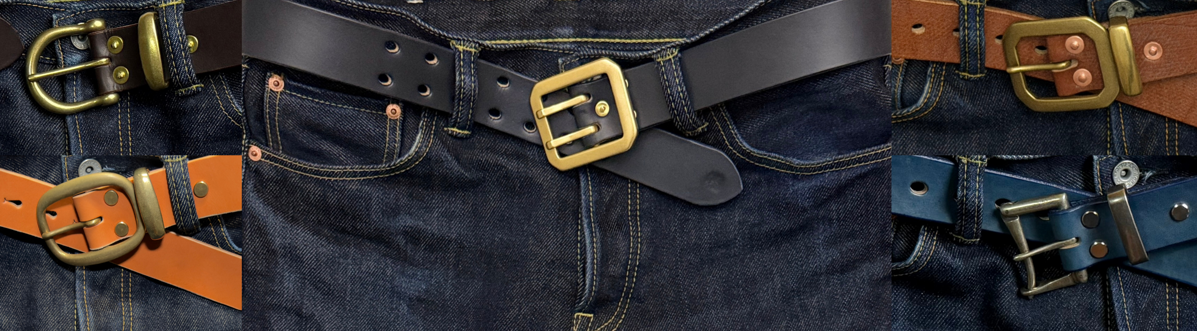 Close-up of dark blue jeans with a black leather belt featuring a brass buckle, surrounded by various other belts.