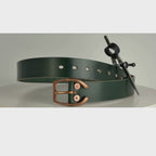 This is a video of a belt rotating on a carousel.  This belt is made from dark green leather, with a copper horseshoe buckle and copper rivets.