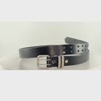 Video of a black leather belt with silver buckle and silver keepers rotating 360 degrees on a white carousel.